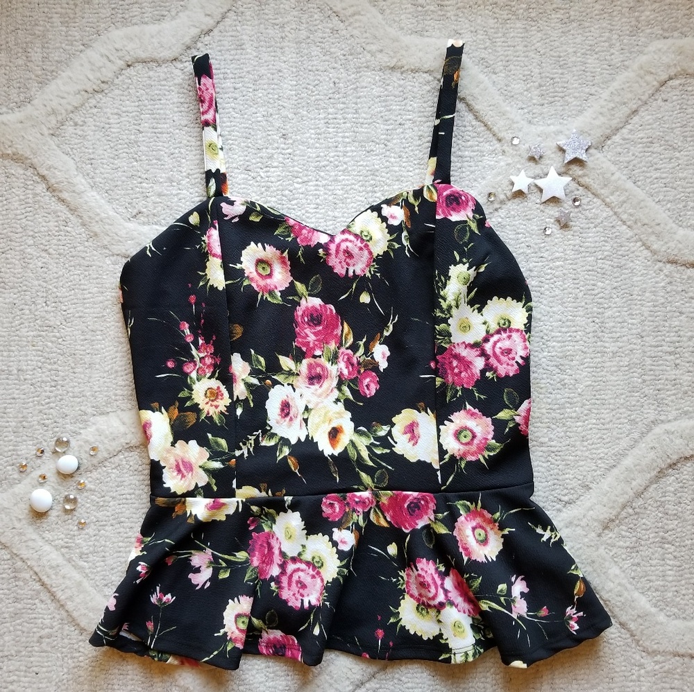 Black Floral Peplum Top